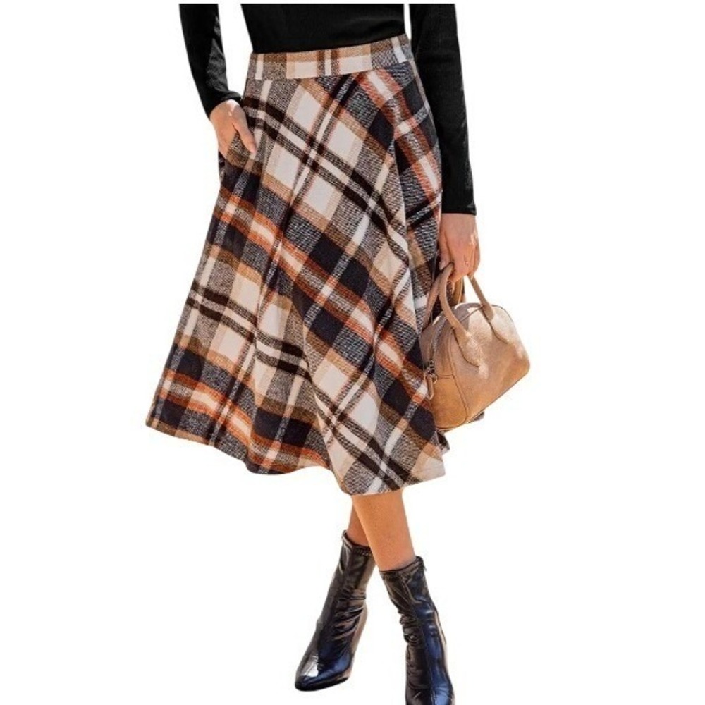 Idealsanxun Plaid Wool Midi Skirt Womens S Blue Tan Check Pockets Academia New